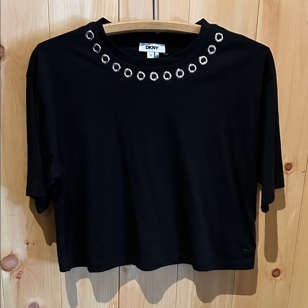 DKNY Black Short Sleeve Top with Silver Eyelet Accents